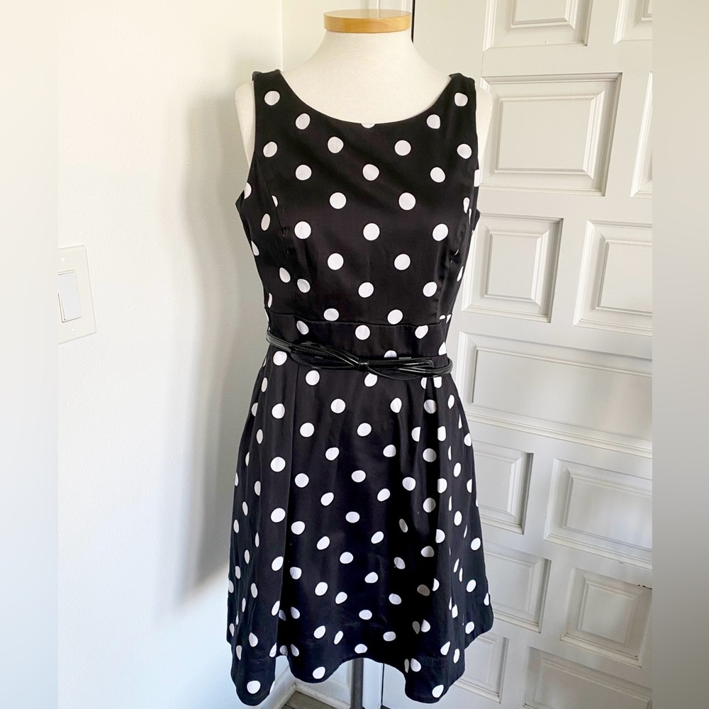 White House Black Market Black & White Polka Dot Fit & Flare Dress Belt Size 10
